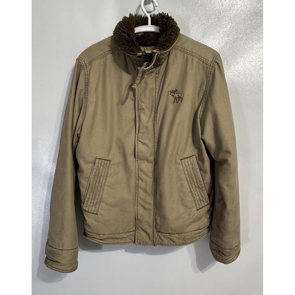 Abercrombie XL Boys Adirondack Coat Khaki Sherpa Lined Y2K Military Zip